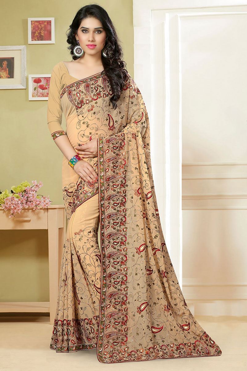 Subtle beige saree with multicolor resham embroidery