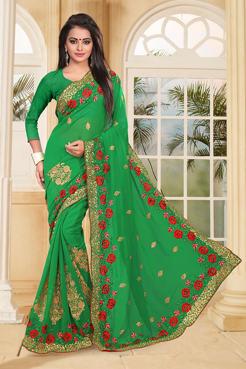 Classic green saree with red resham
