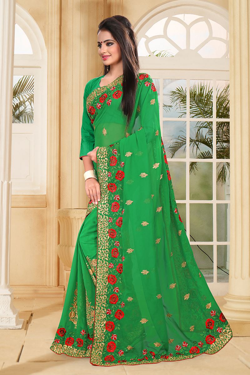 Classic green saree with red resham