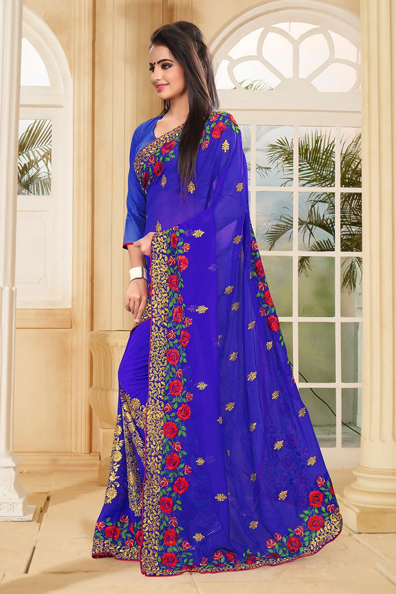 Enticing royal blue saree with resham