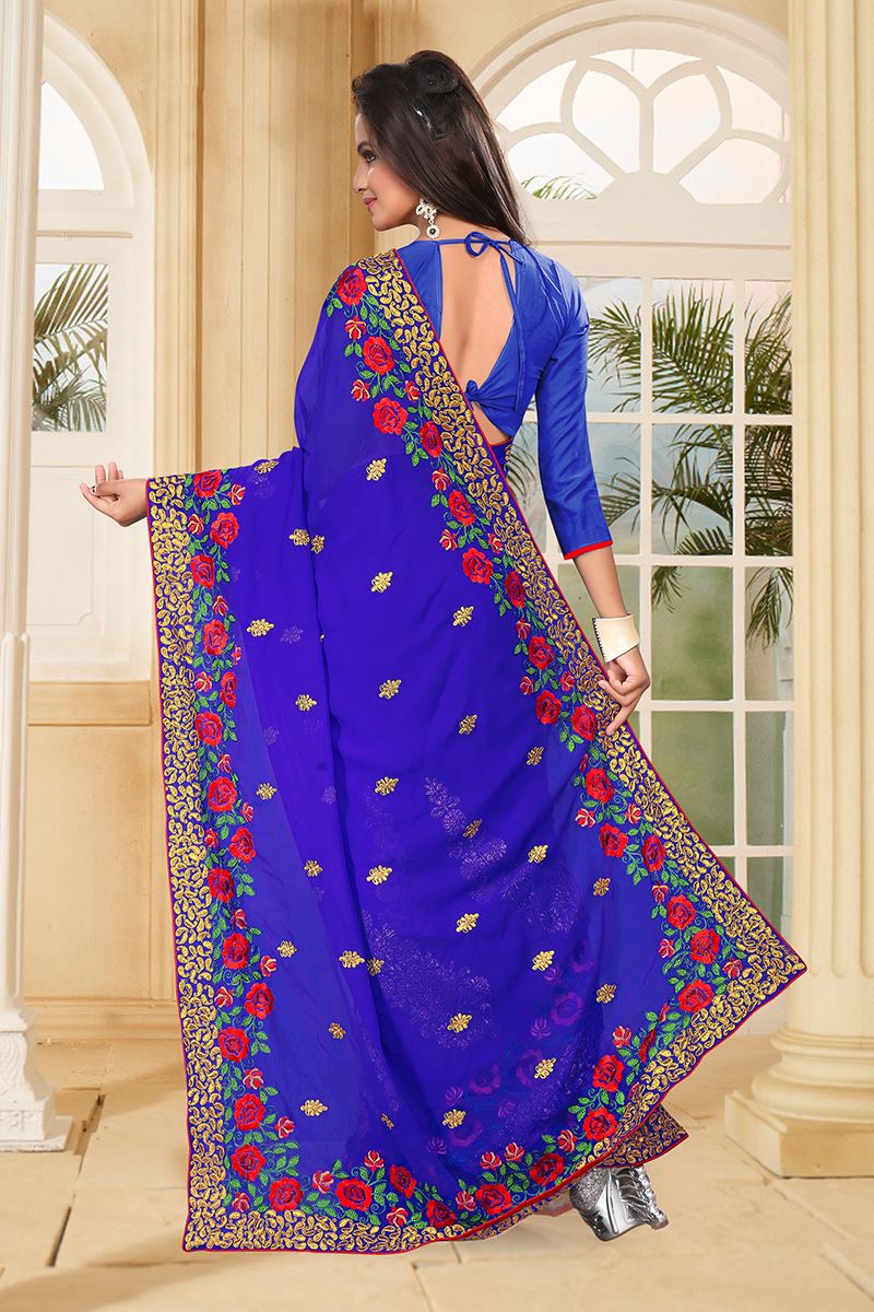 Enticing royal blue saree with resham