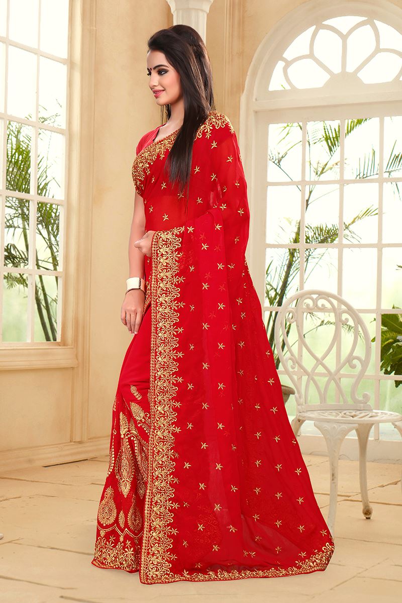 Regal red designer saree with zari work