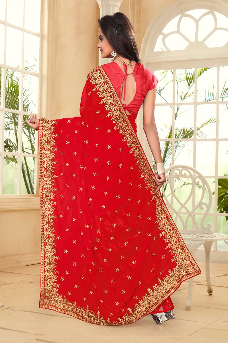 Regal red designer saree with zari work