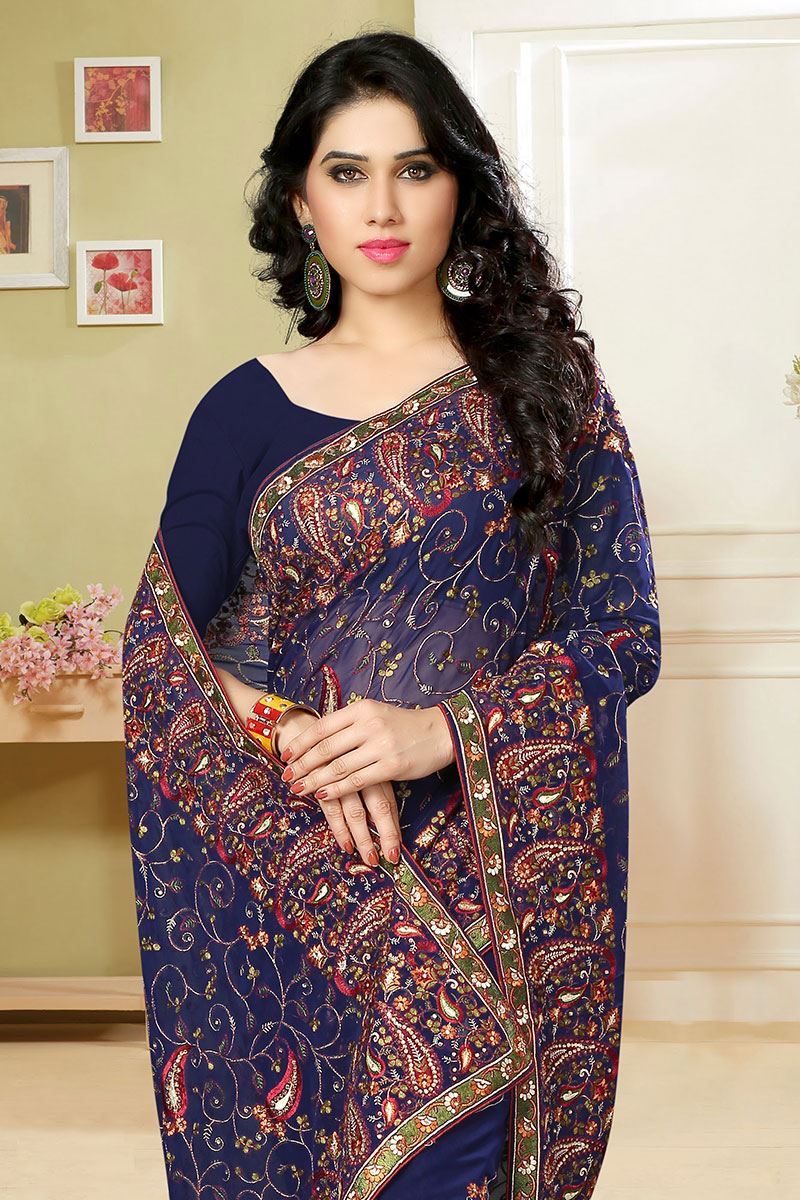 Rich resham worked saree in deep blue
