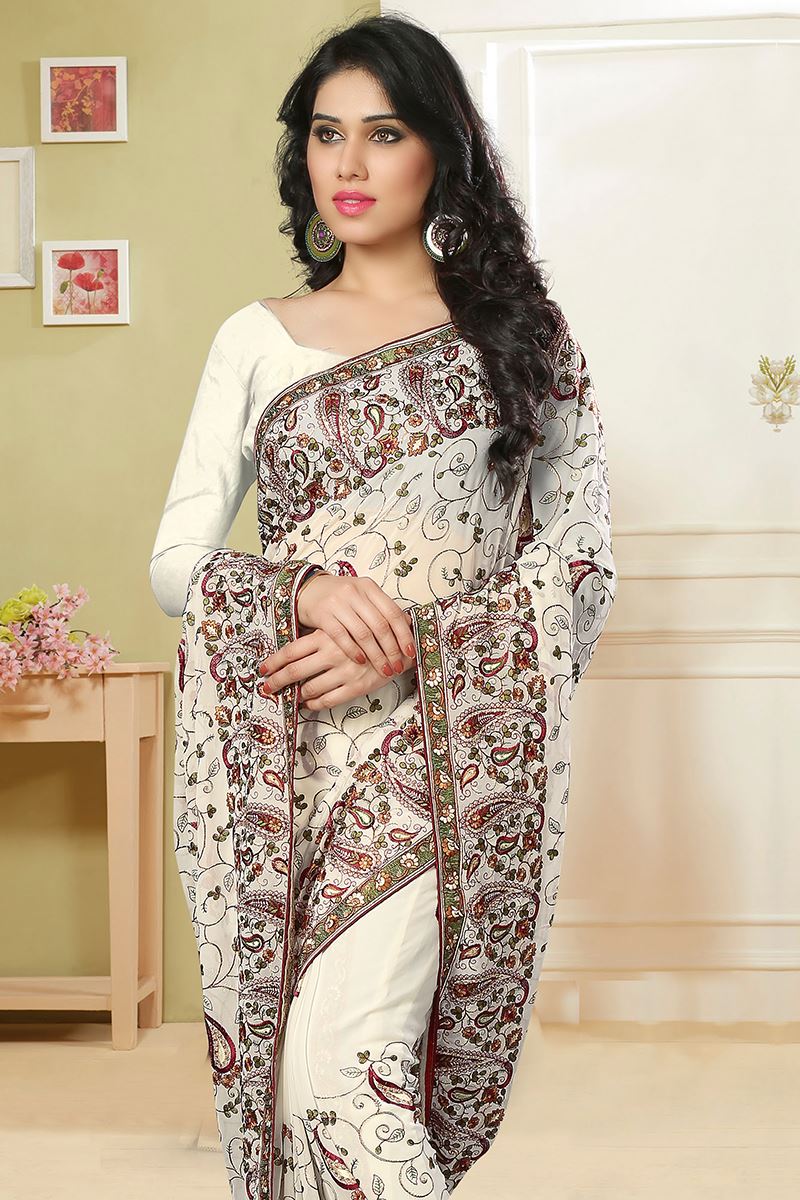 Pristine cream saree with resham & zari