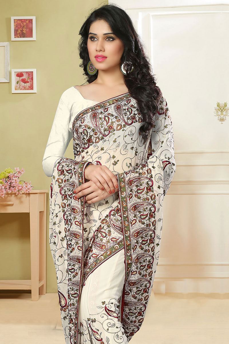 Ravishing white designer saree with resham work