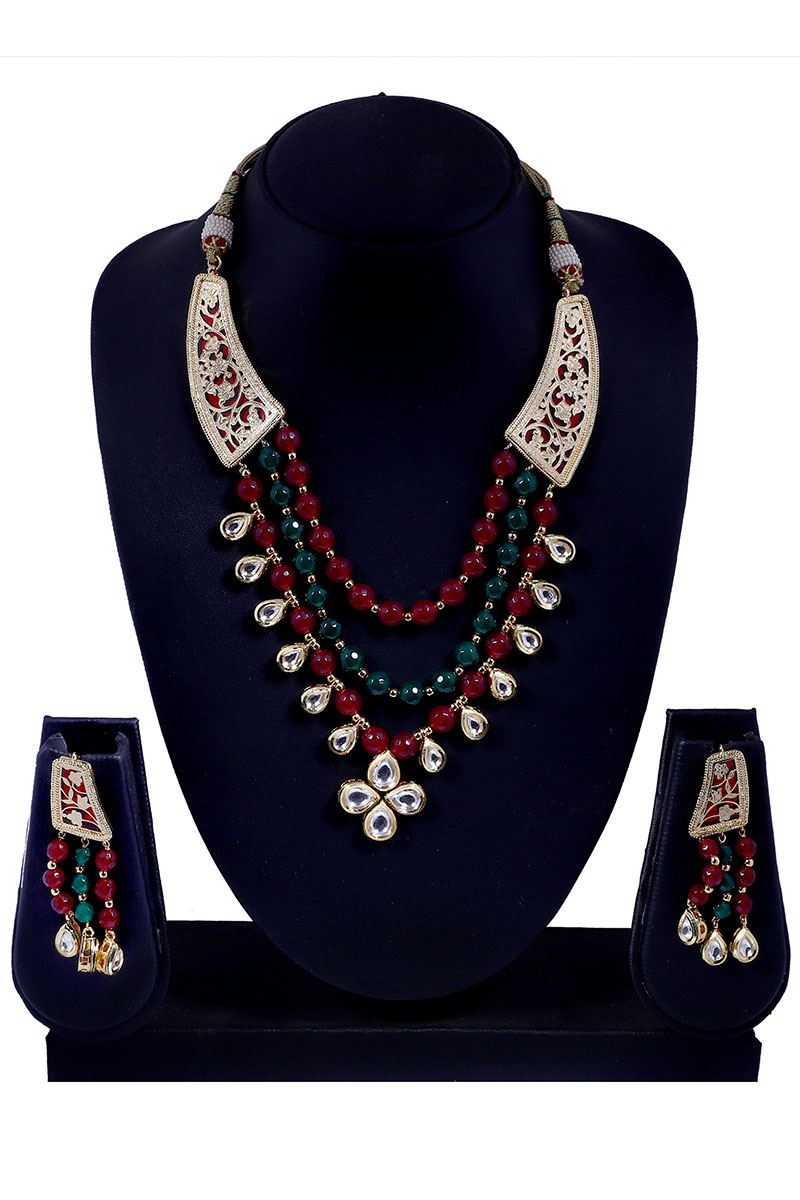 Red & green beads worked necklace set
