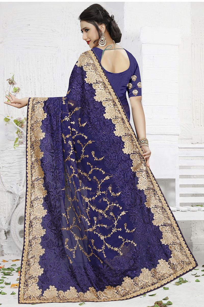 Distinctive blue designer saree with zari