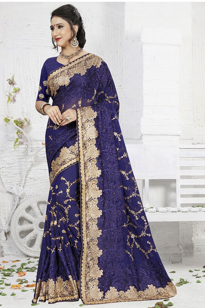 Distinctive blue designer saree with zari