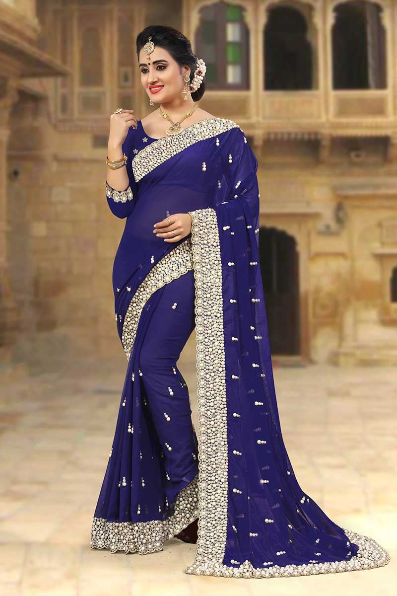 Classy dark blue designer saree with zari