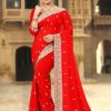 Striking red designer saree with motifs