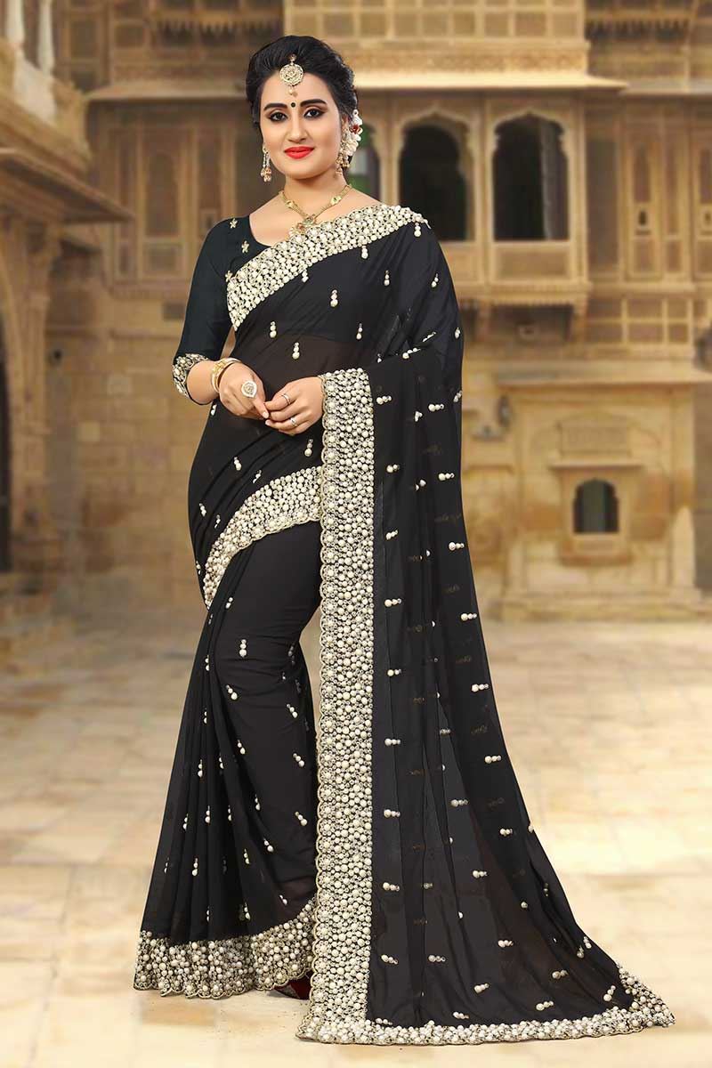 Dignified black designer saree with zari