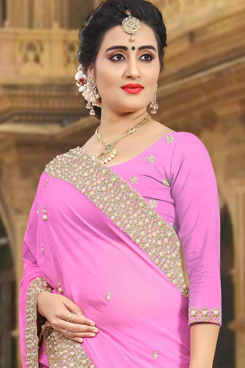 Outstanding pink designer plain saree