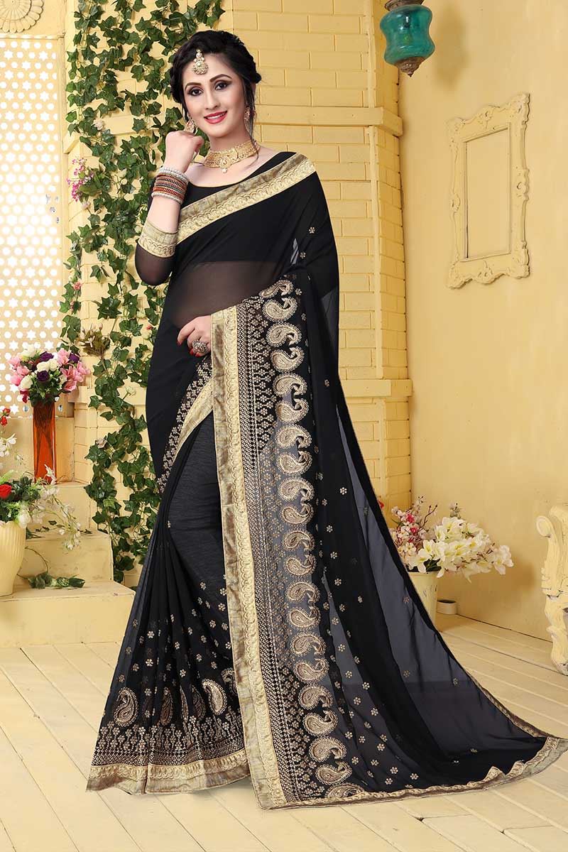 Polished black designer saree with zari
