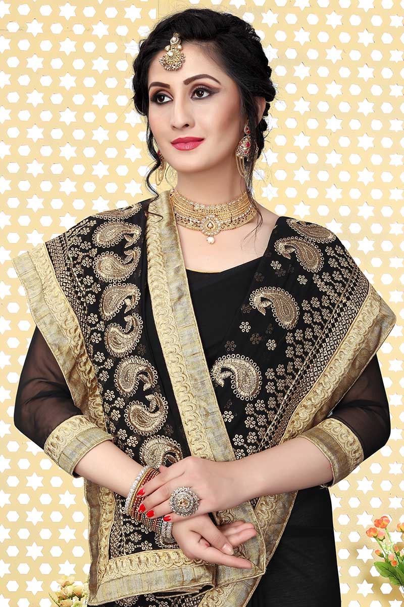 Polished black designer saree with zari