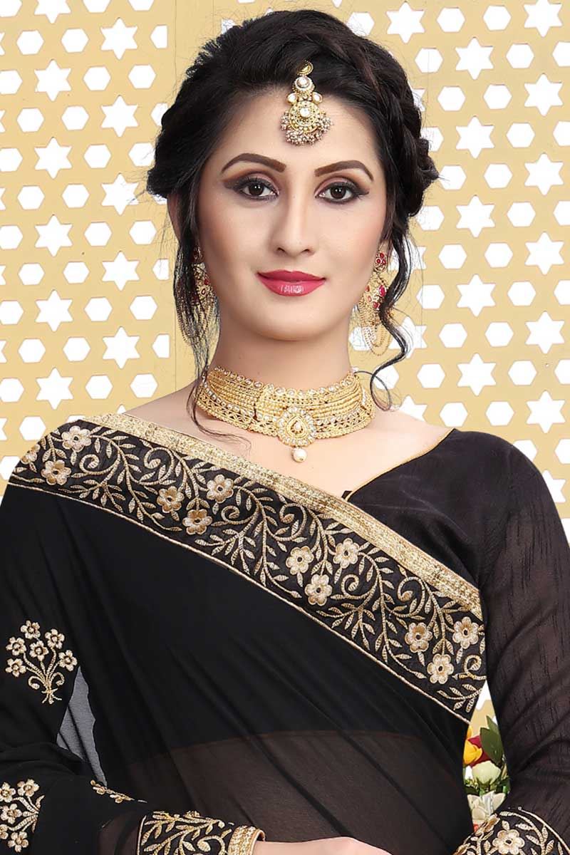 Remarkable black designer plain saree