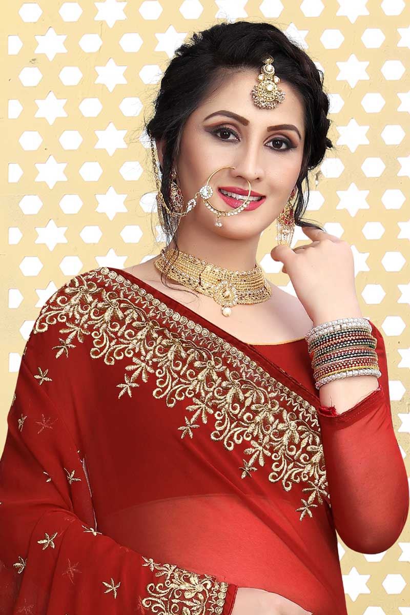 Lovely red designer saree with work