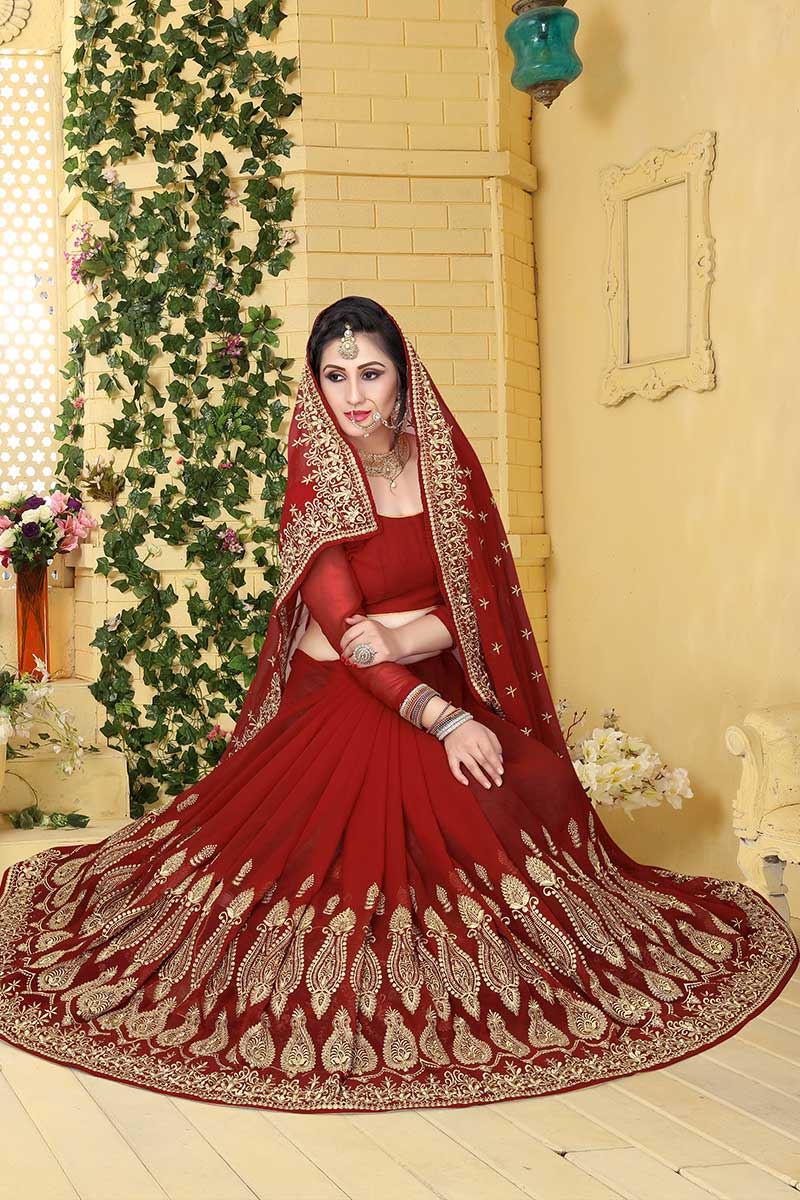 Lovely red designer saree with work