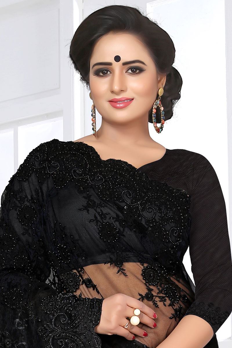 Flaunt Black Colored Embroidered Party Wear  Net Saree