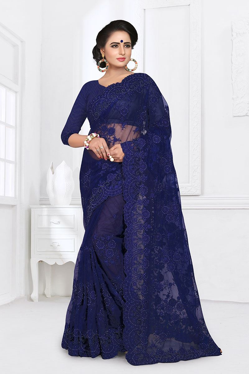 Stylish Navy Blue Colored Partywear Embroidered Net Saree