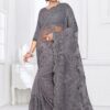 Pleasance Grey Colored Party Wear Embroidered Net Saree