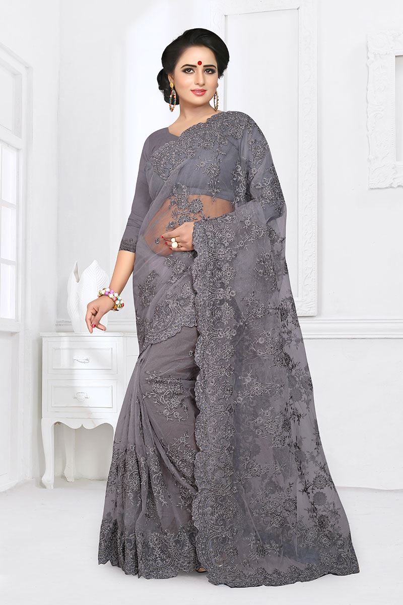 Pleasance Grey Colored Party Wear Embroidered Net Saree