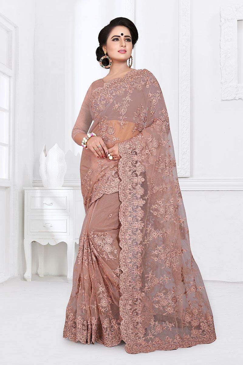 Lovely light brown Colored Party Wear Embroidered Net Saree