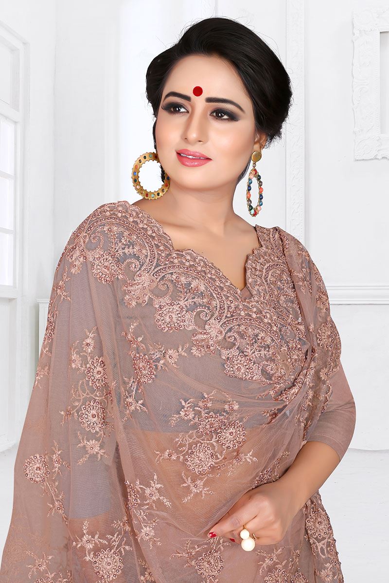 Lovely light brown Colored Party Wear Embroidered Net Saree