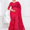 Adorable Red Colored Party Wear Printed Fancy Net Saree