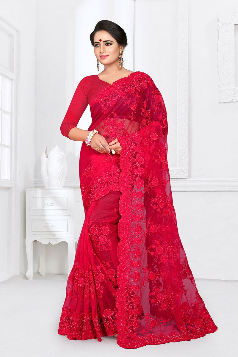 Adorable Red Colored Party Wear Printed Fancy Net Saree