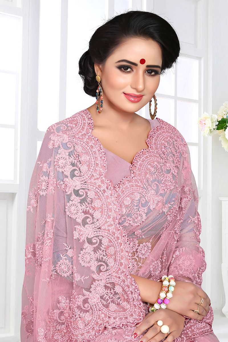Mystical Pink Colored Designer Partywear Net Saree