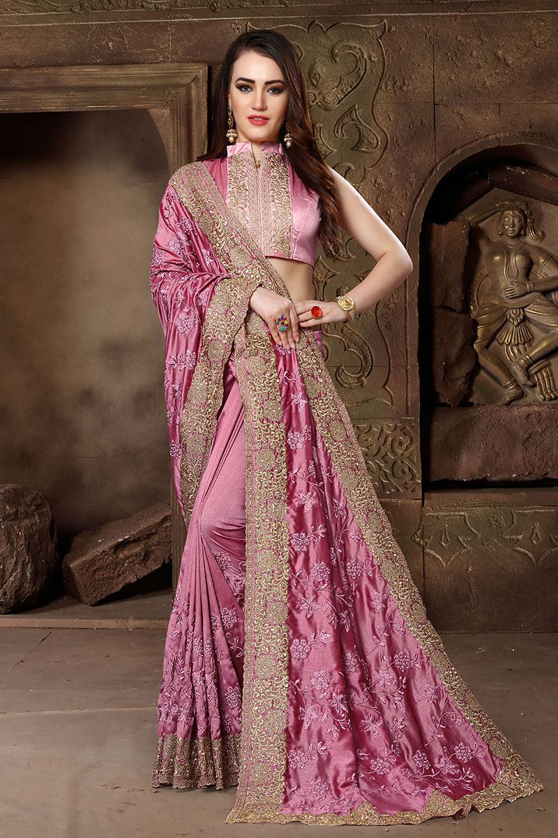 Glitzy pink designer saree with resham
