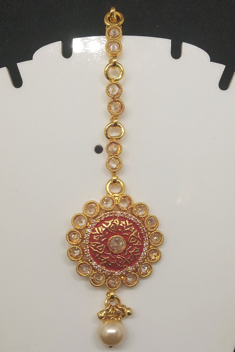 Alluring red color designer maang tikka