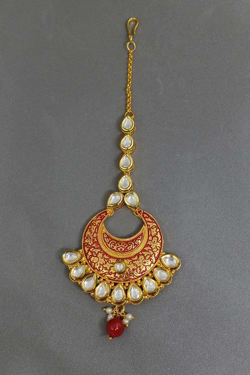 Alluring red & gold plate maang tikka