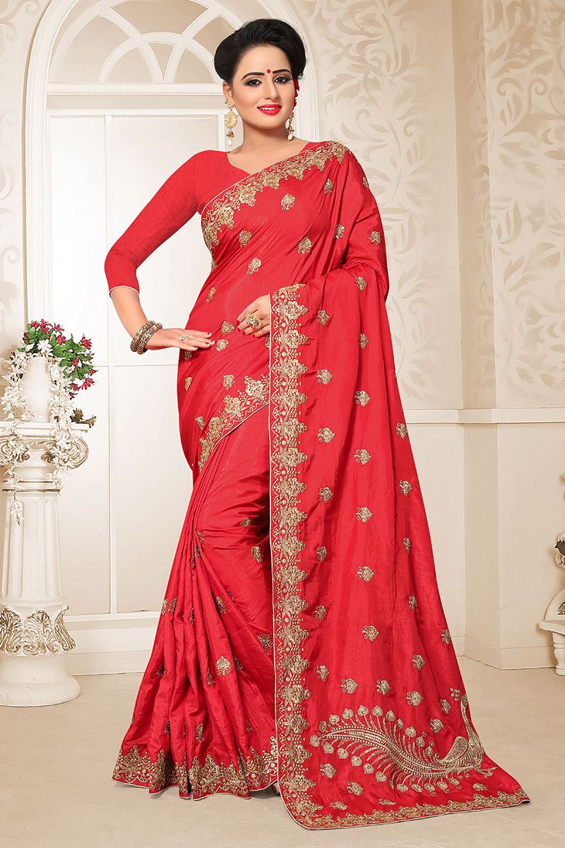 Amazing Red Colored Partywear Embroidered Two Tone Rajwadi Silk Saree