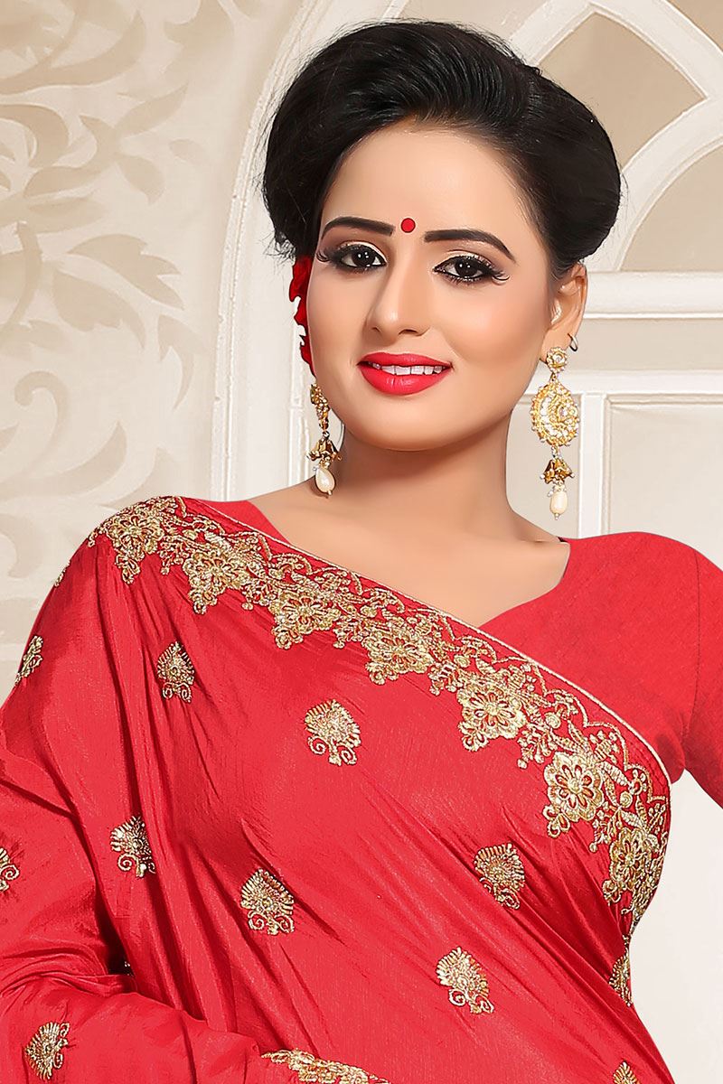 Amazing Red Colored Partywear Embroidered Two Tone Rajwadi Silk Saree