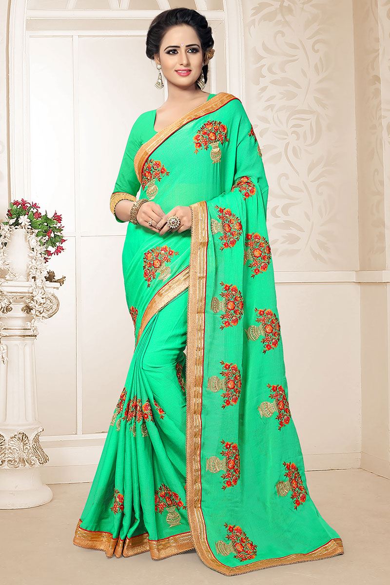 Stunning Pista Green Festive Wear Chiffon Saree