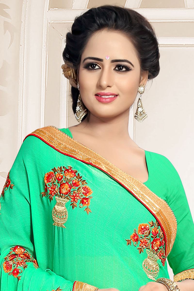 Stunning Pista Green Festive Wear Chiffon Saree