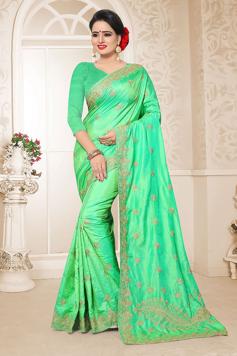 Blooming Pista Green Colored Partywear Embroidered Two Tone Rajwadi Silk Saree