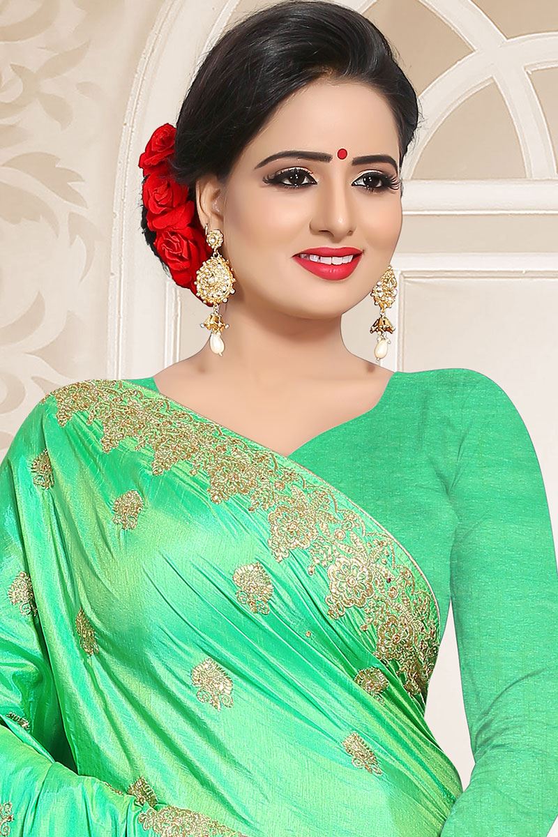 Blooming Pista Green Colored Partywear Embroidered Two Tone Rajwadi Silk Saree