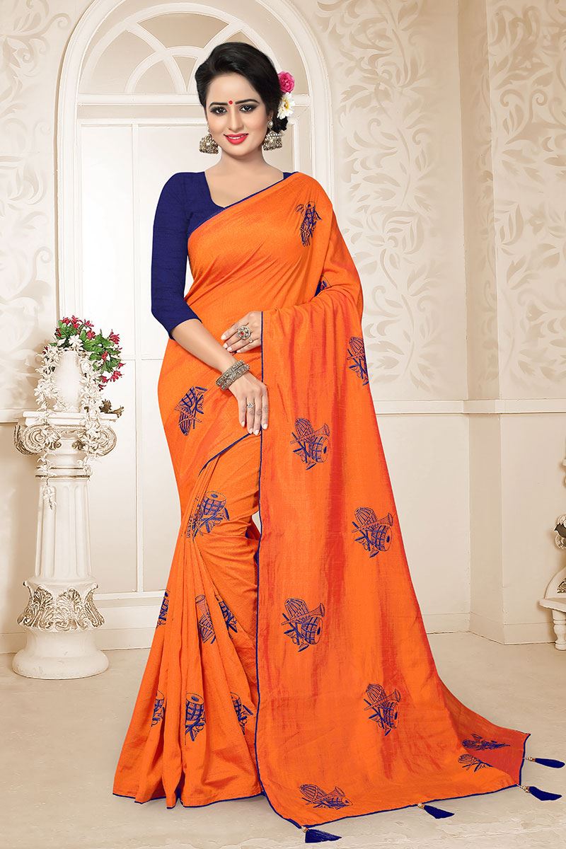 Deserving Orange Colored Embroidered Party Wear Zoya Silk Saree