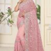 Marvelous Pink Colored Partywear Embroidered Net Saree