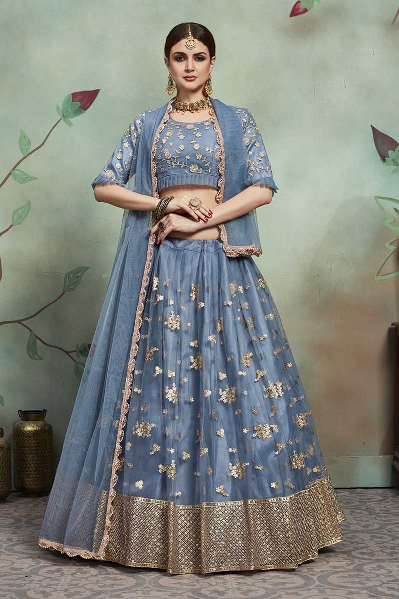 Glowing Grey Colored Party Wear Designer Lehenga Choli