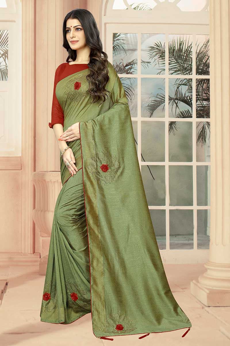 Dusty Pista Colored Designer Saree