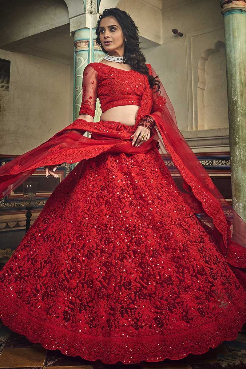 Red Color Net Designer Lehenga Choli With Embroidery Designs