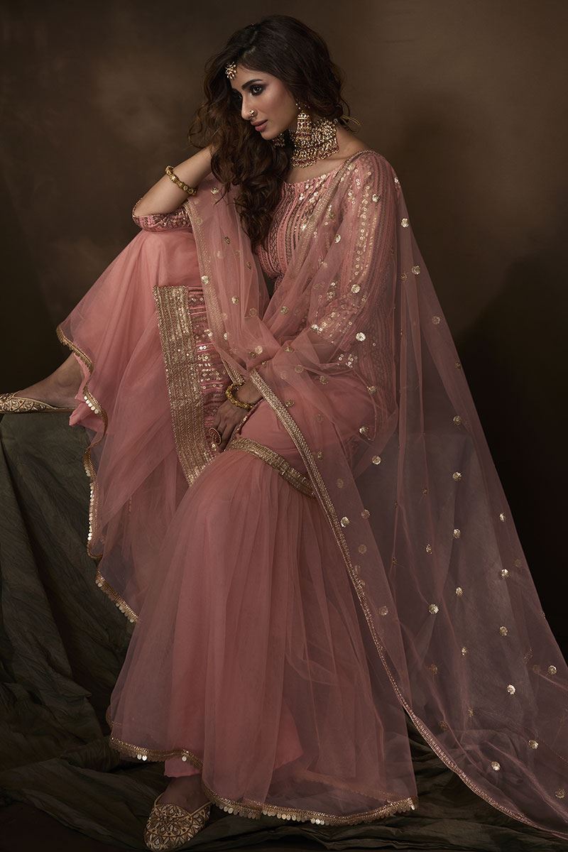 Pink Colored Embroidered Net Gharara Suit With Dupatta (Unstitched suit)