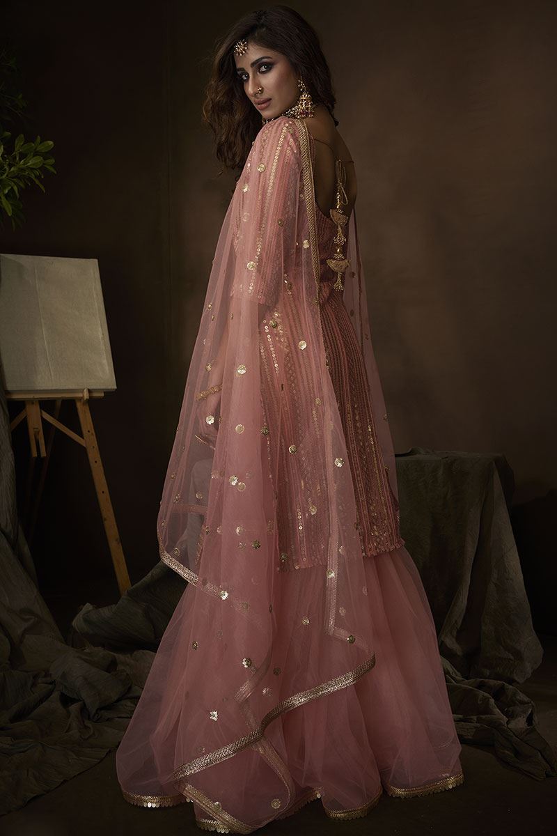 Pink Colored Embroidered Net Gharara Suit With Dupatta (Unstitched suit)