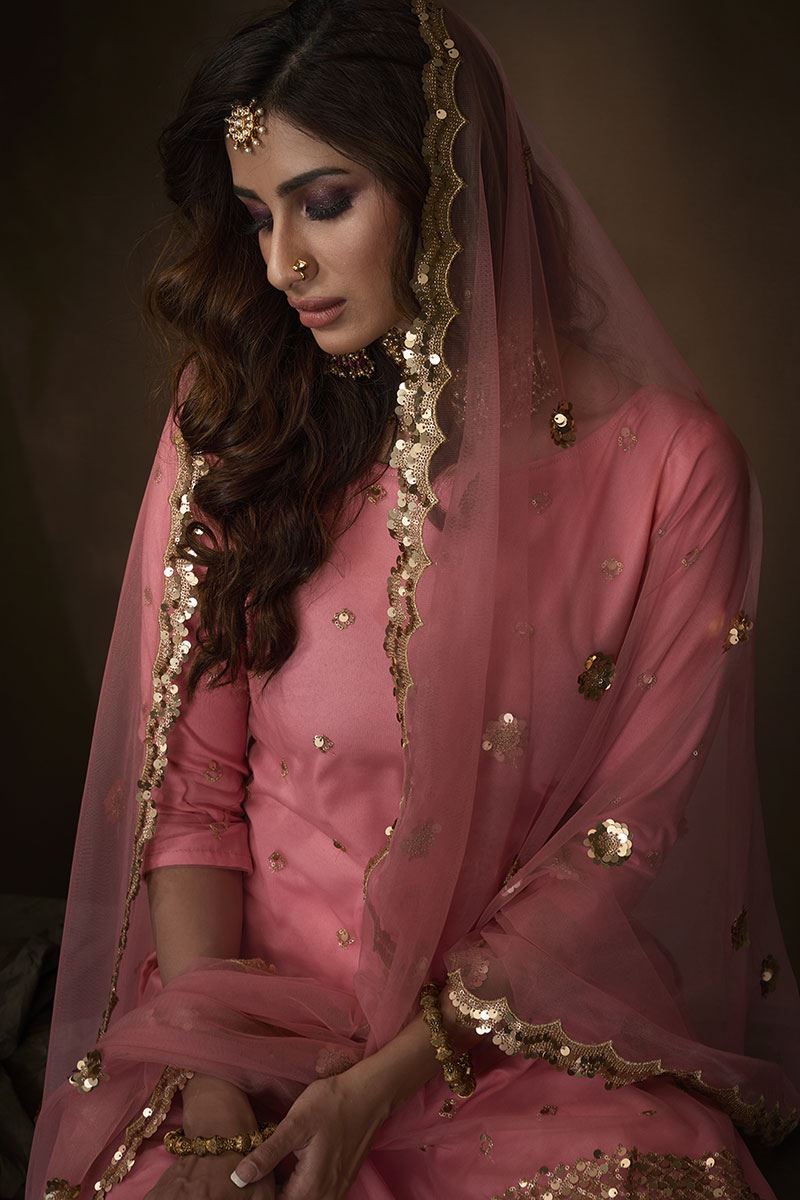 Pink Colored Embroidered Net Gharara Suit With Dupatta (Unstitched suit)