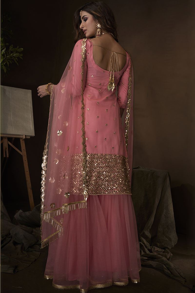 Pink Colored Embroidered Net Gharara Suit With Dupatta (Unstitched suit)