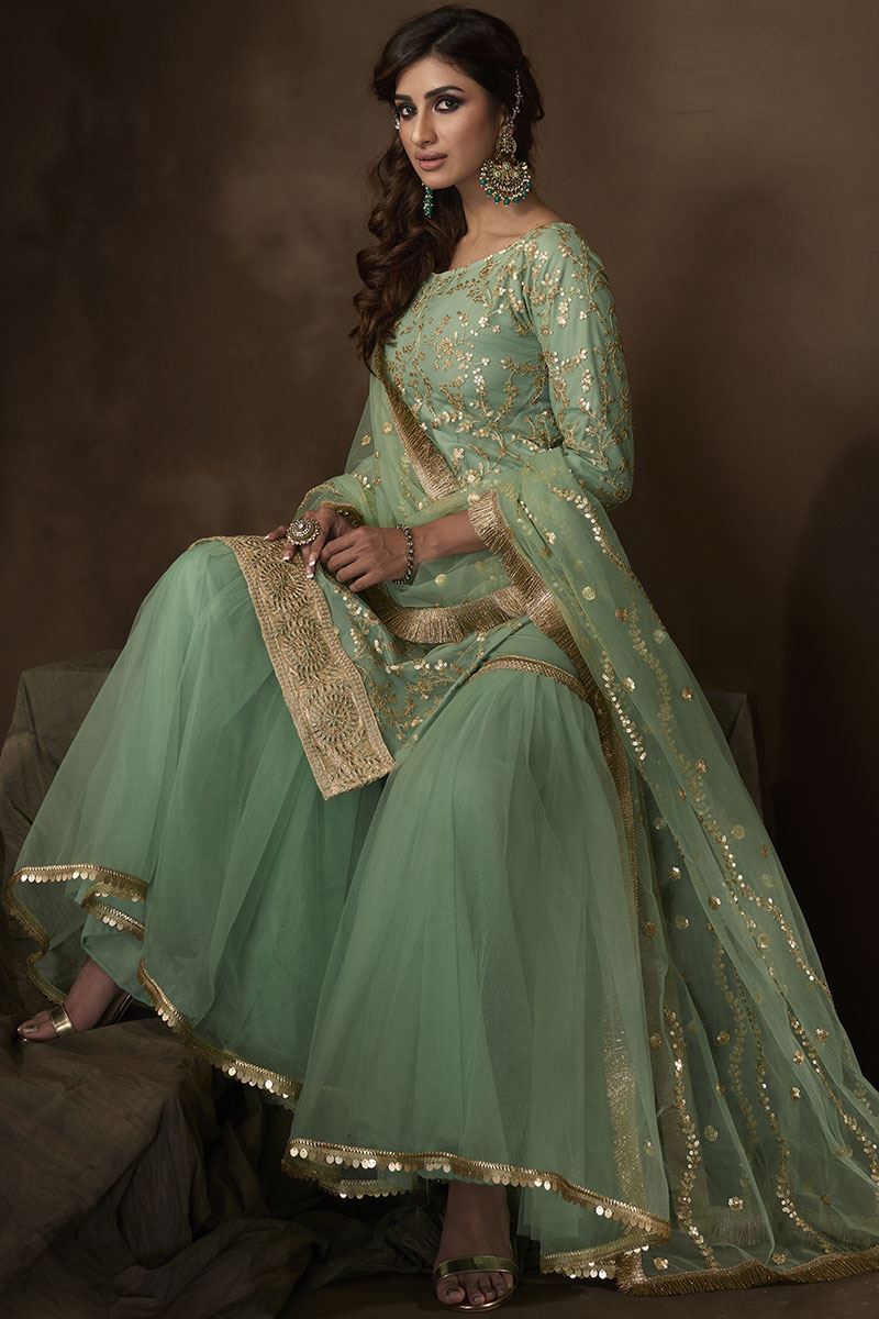 Green Colored Embroidered Net Gharara Suit With Dupatta (Unstitched suit)